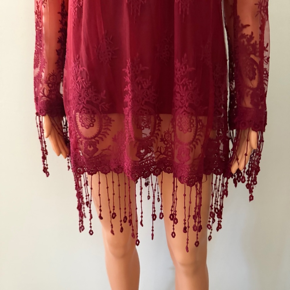 Boston Proper Red Sheer Overlay Tunic Bell Sleeve Boho Whimsigoth Romantic XS - Picture 6 of 12